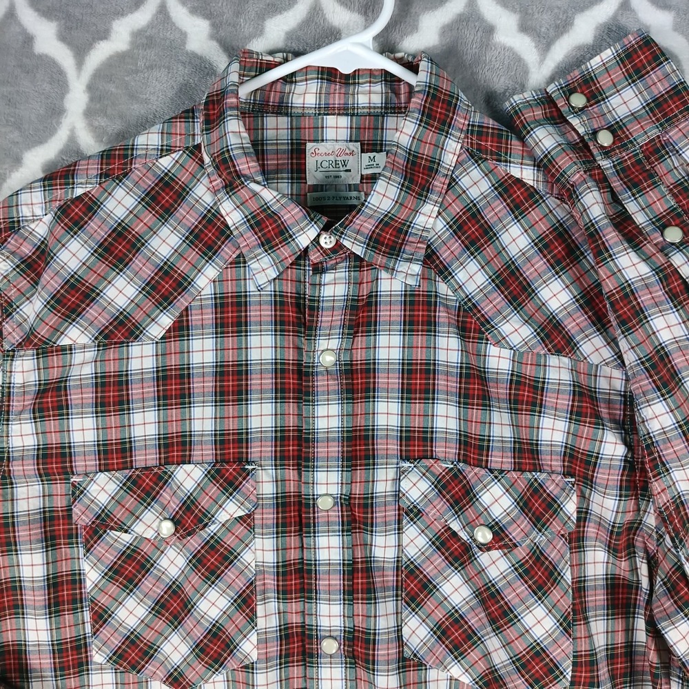 J.Crew Secret Wash Shirt Men Medium Red White Tartan Plaid Pearl Snap Festive